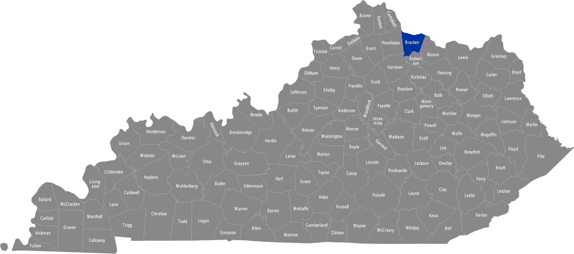 State of Kentucky map with Bracken County highlighted 