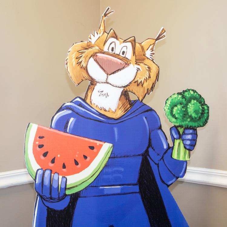  Wally Wildcat with fruits and veggies.